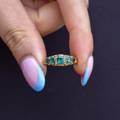 Antique Victorian '1868' Five Stone Emerald Green Paste 15ct Yellow Gold Scroll Ring