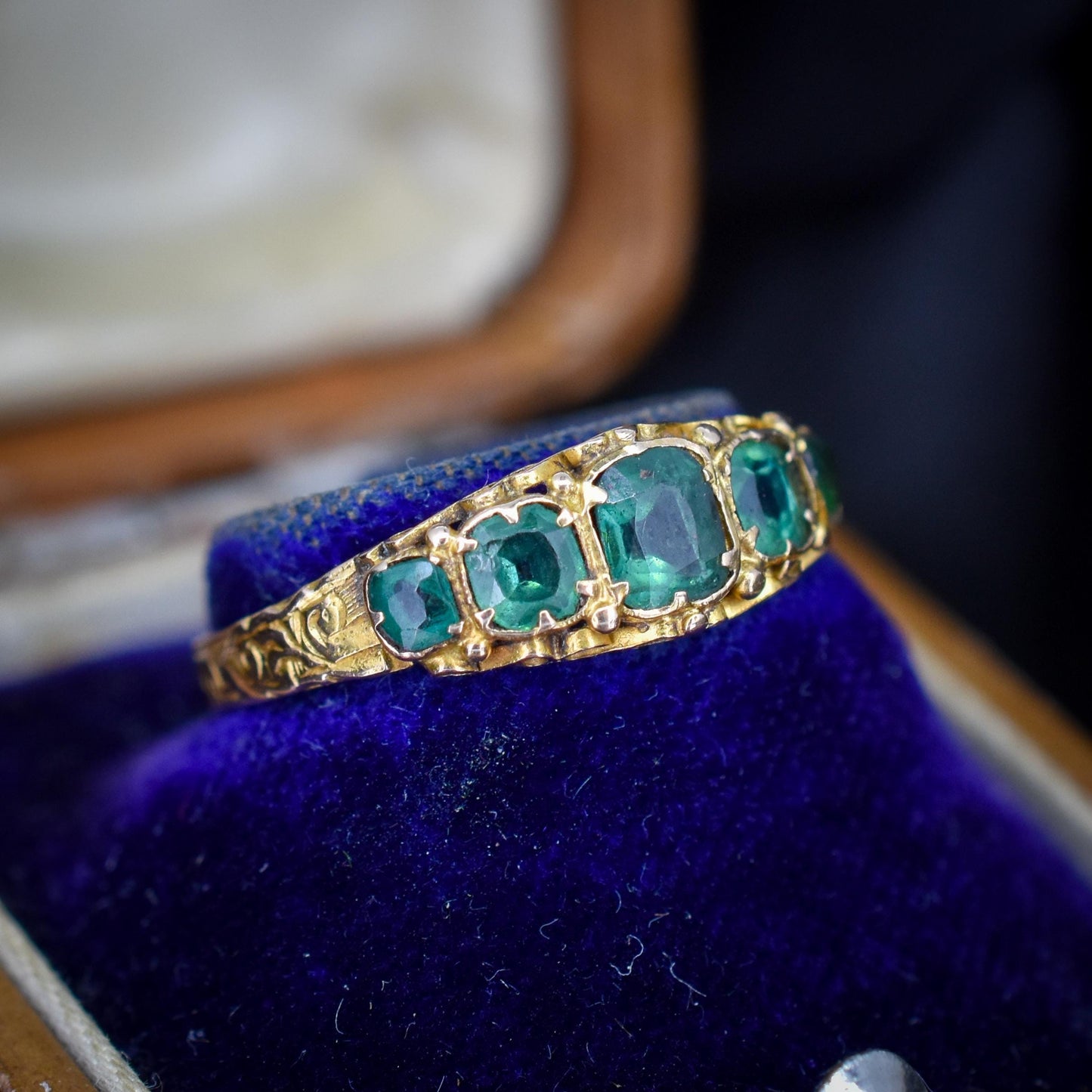 Antique Victorian '1868' Five Stone Emerald Green Paste 15ct Yellow Gold Scroll Ring
