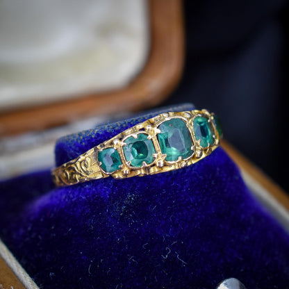 Antique Victorian '1868' Five Stone Emerald Green Paste 15ct Yellow Gold Scroll Ring