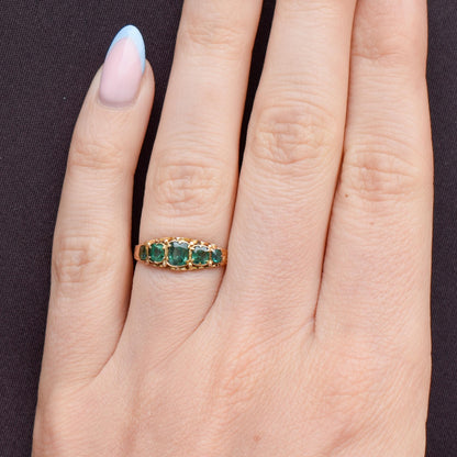Antique Victorian '1868' Five Stone Emerald Green Paste 15ct Yellow Gold Scroll Ring