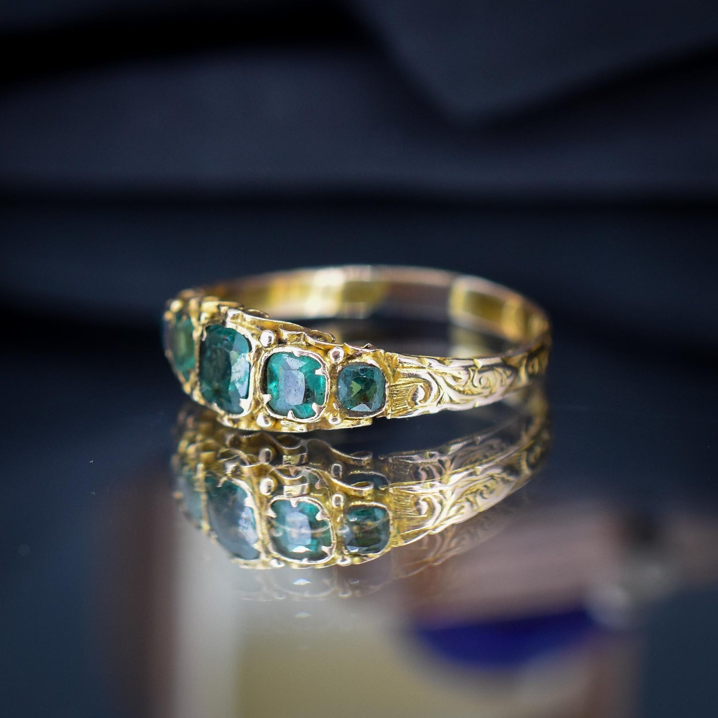Antique Victorian '1868' Five Stone Emerald Green Paste 15ct Yellow Gold Scroll Ring