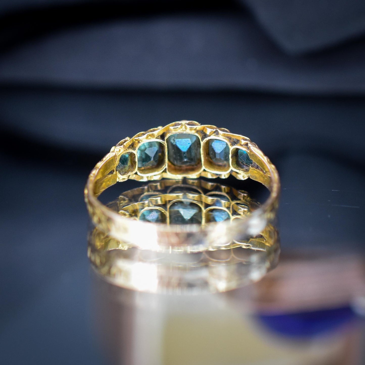 Antique Victorian '1868' Five Stone Emerald Green Paste 15ct Yellow Gold Scroll Ring