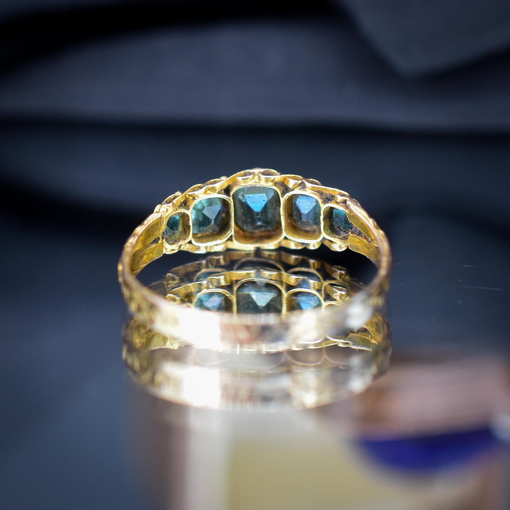 Antique Victorian '1868' Five Stone Emerald Green Paste 15ct Yellow Gold Scroll Ring