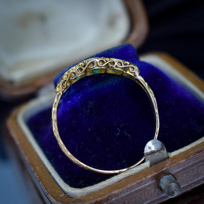 Antique Victorian '1868' Five Stone Emerald Green Paste 15ct Yellow Gold Scroll Ring