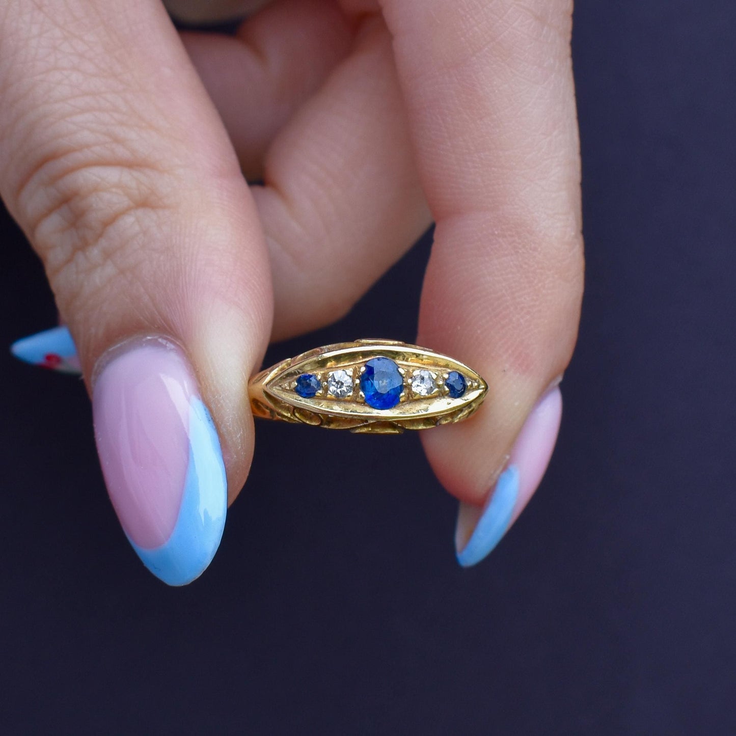 Antique Sapphire and Diamond 18ct Yellow Gold Boat Ring | Birmingham 1910