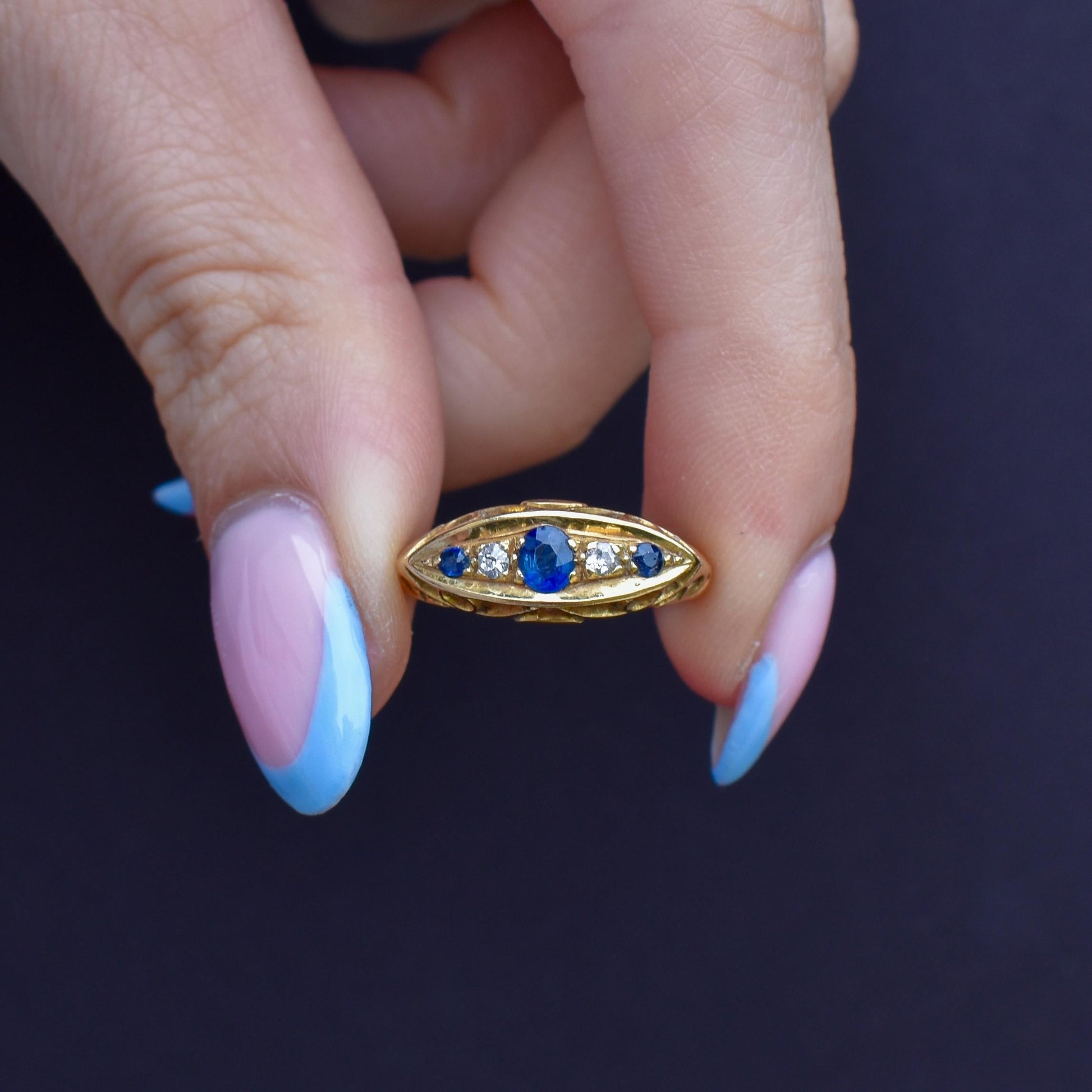 Antique Sapphire and Diamond 18ct Yellow Gold Boat Ring | Birmingham 1910