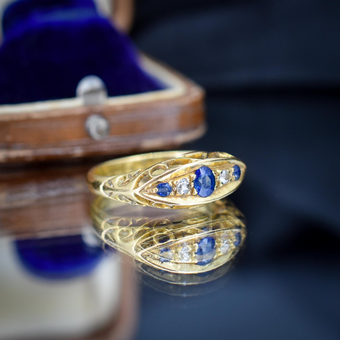 Antique Sapphire and Diamond 18ct Yellow Gold Boat Ring | Birmingham 1910