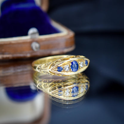 Antique Sapphire and Diamond 18ct Yellow Gold Boat Ring | Birmingham 1910
