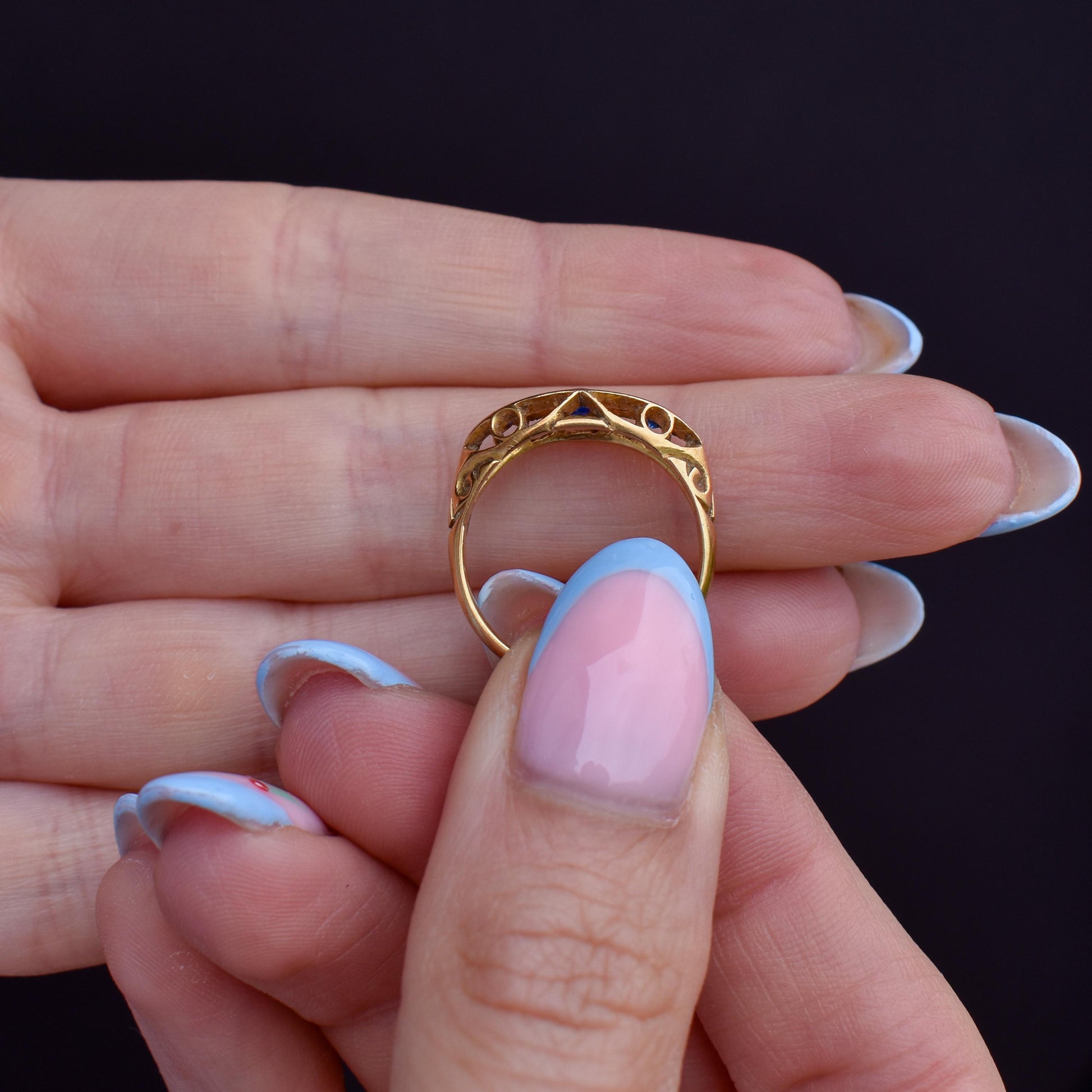 Antique Sapphire and Diamond 18ct Yellow Gold Boat Ring | Birmingham 1910