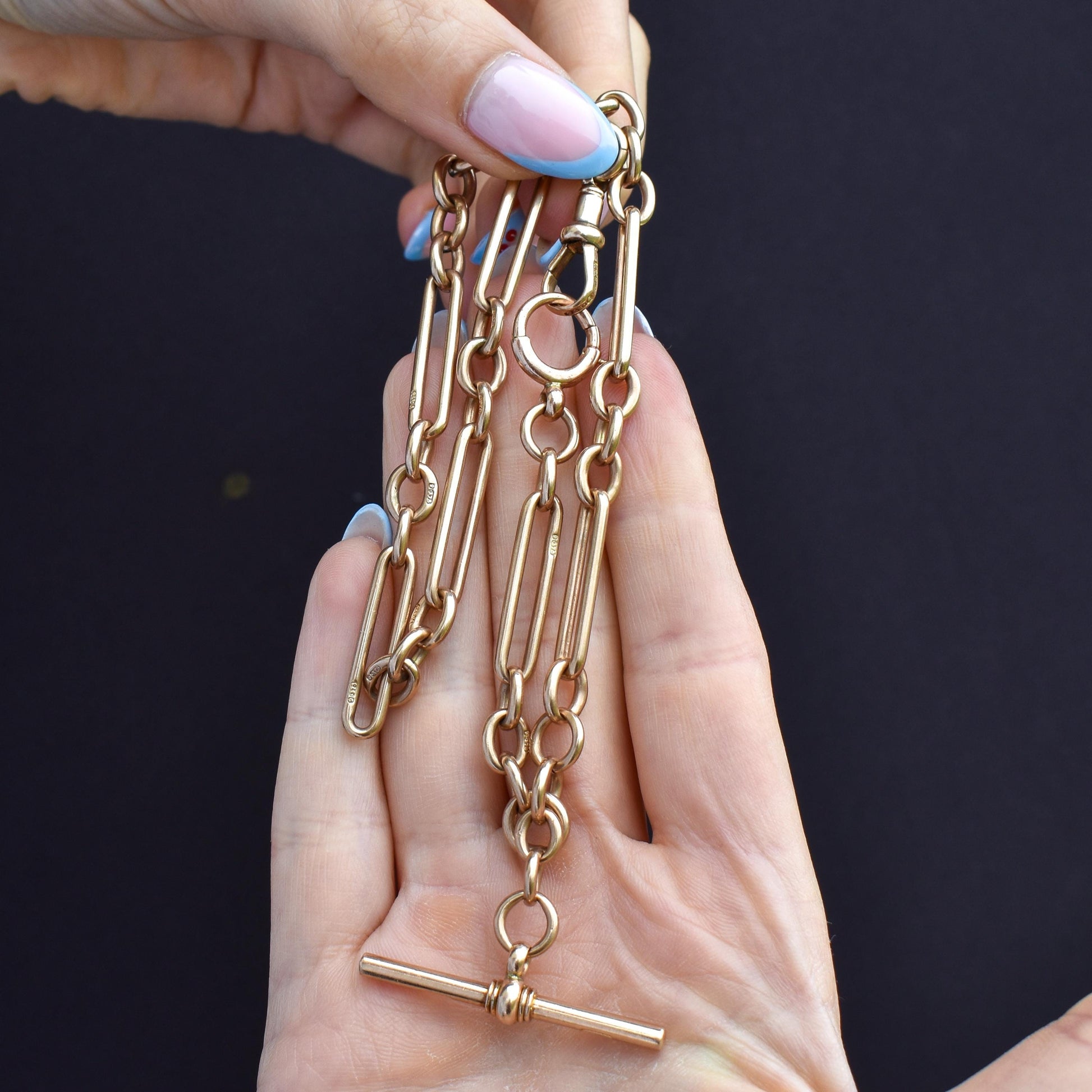 Antique 9ct Gold Trombone Link Albert Chain Necklace with Dog Clip and Bolt Ring | 15.25"
