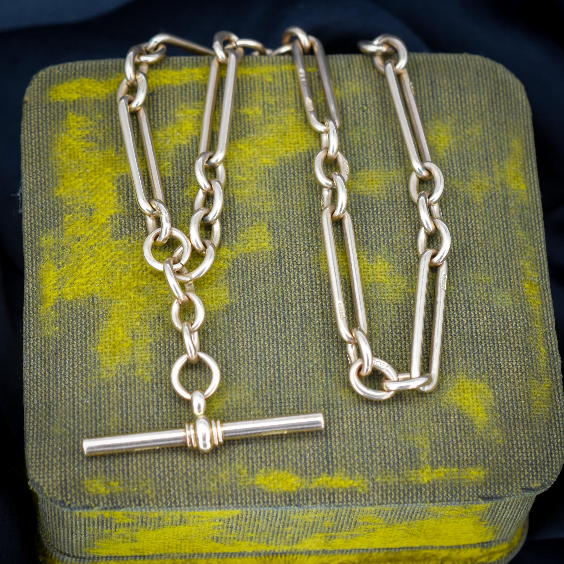 Antique 9ct Gold Trombone Link Albert Chain Necklace with Dog Clip and Bolt Ring | 15.25"