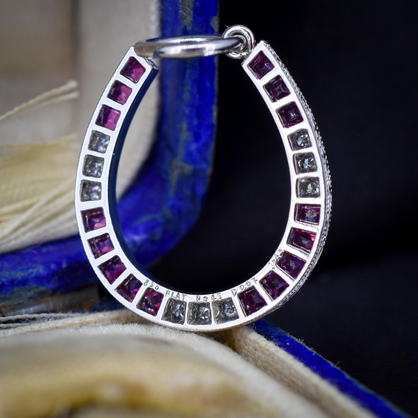 French Cut Ruby and Diamond Horseshoe Platinum Charm Pendant