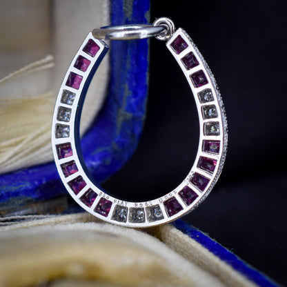 French Cut Ruby and Diamond Horseshoe Platinum Charm Pendant