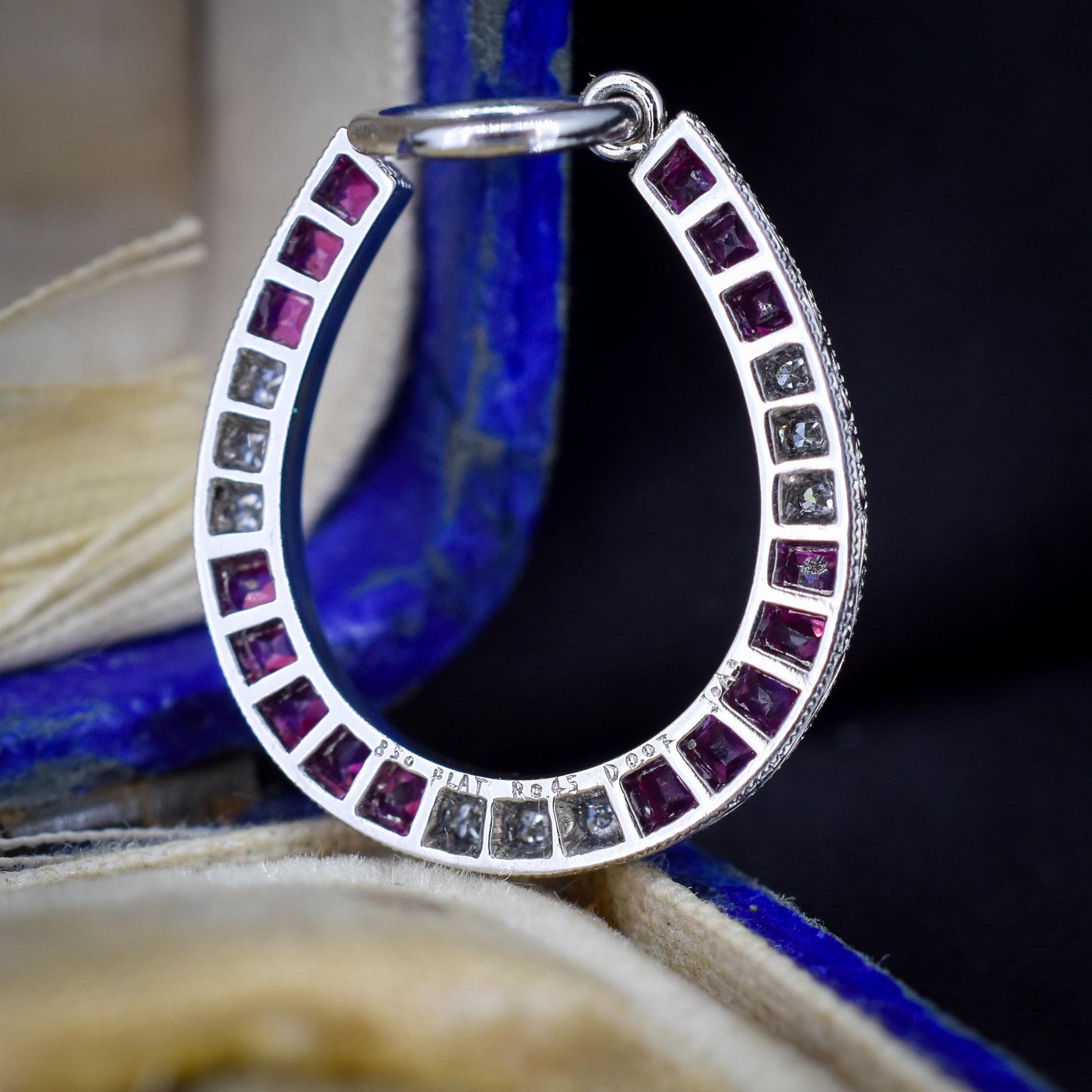 French Cut Ruby and Diamond Horseshoe Platinum Charm Pendant