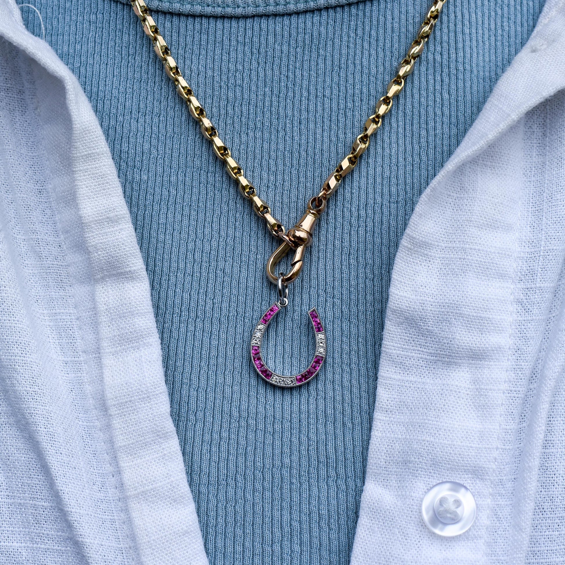 French Cut Ruby and Diamond Horseshoe Platinum Charm Pendant