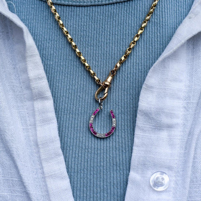 French Cut Ruby and Diamond Horseshoe Platinum Charm Pendant