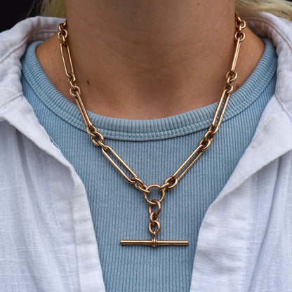 Antique '1902' 9ct Gold Trombone Link 17.5" Albert Chain Necklace