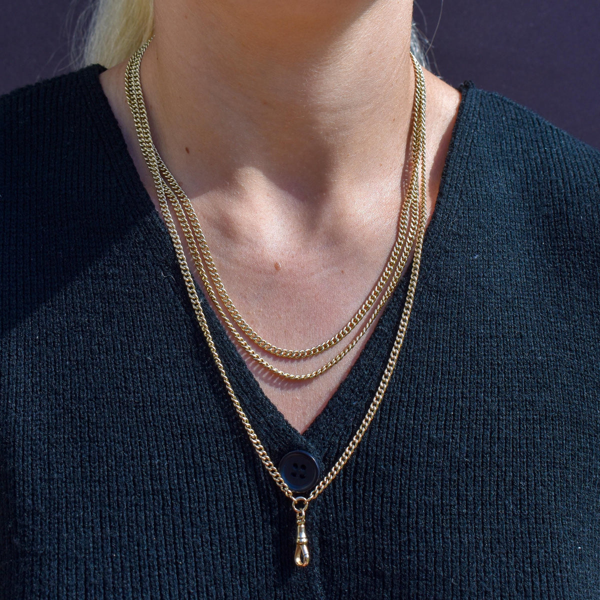 Antique '1904' 9ct Solid Gold Curb Link Guard Chain Necklace with Dog Clip | 58"