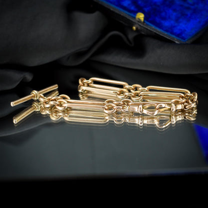 Antique '1902' 9ct Gold Trombone Link Chain Necklace with Dog Clip and T-bar 14.5"