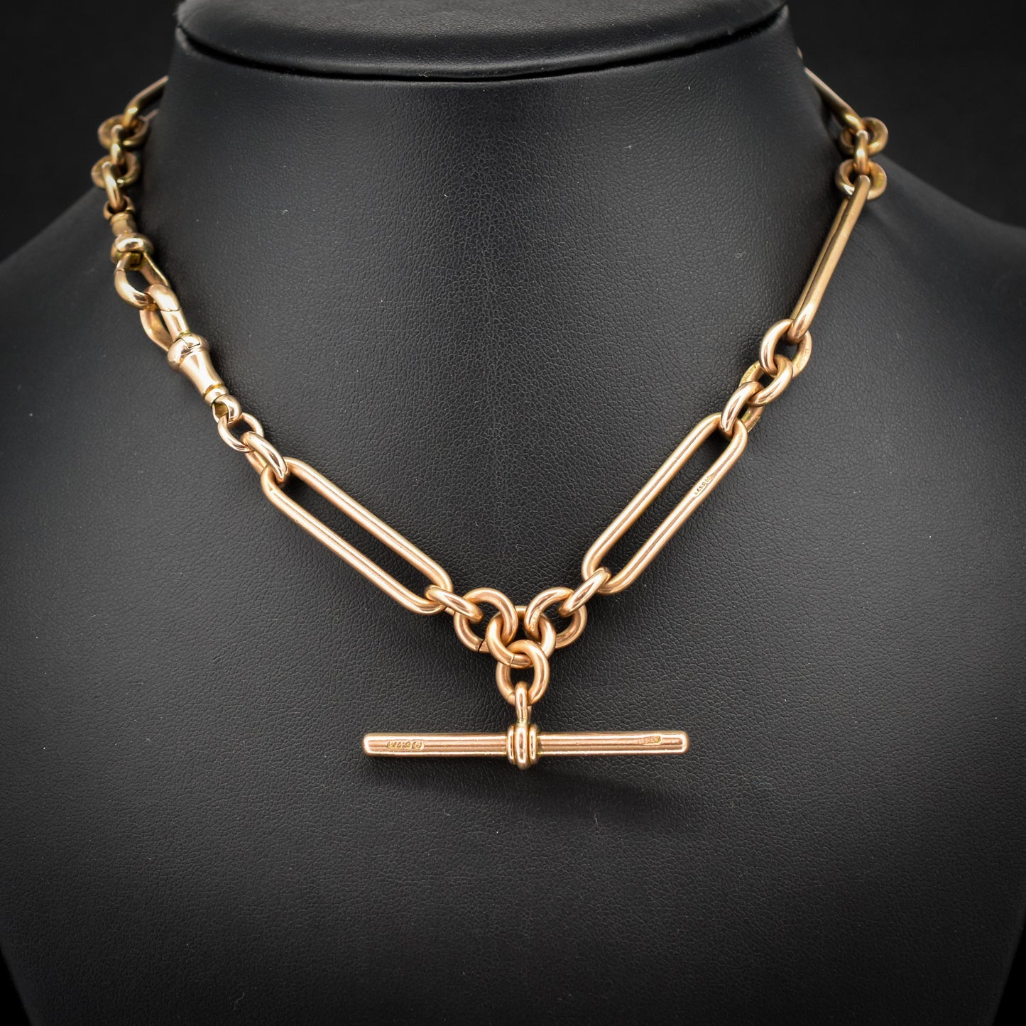 Antique '1902' 9ct Gold Trombone Link Chain Necklace with Dog Clip and T-bar 14.5"