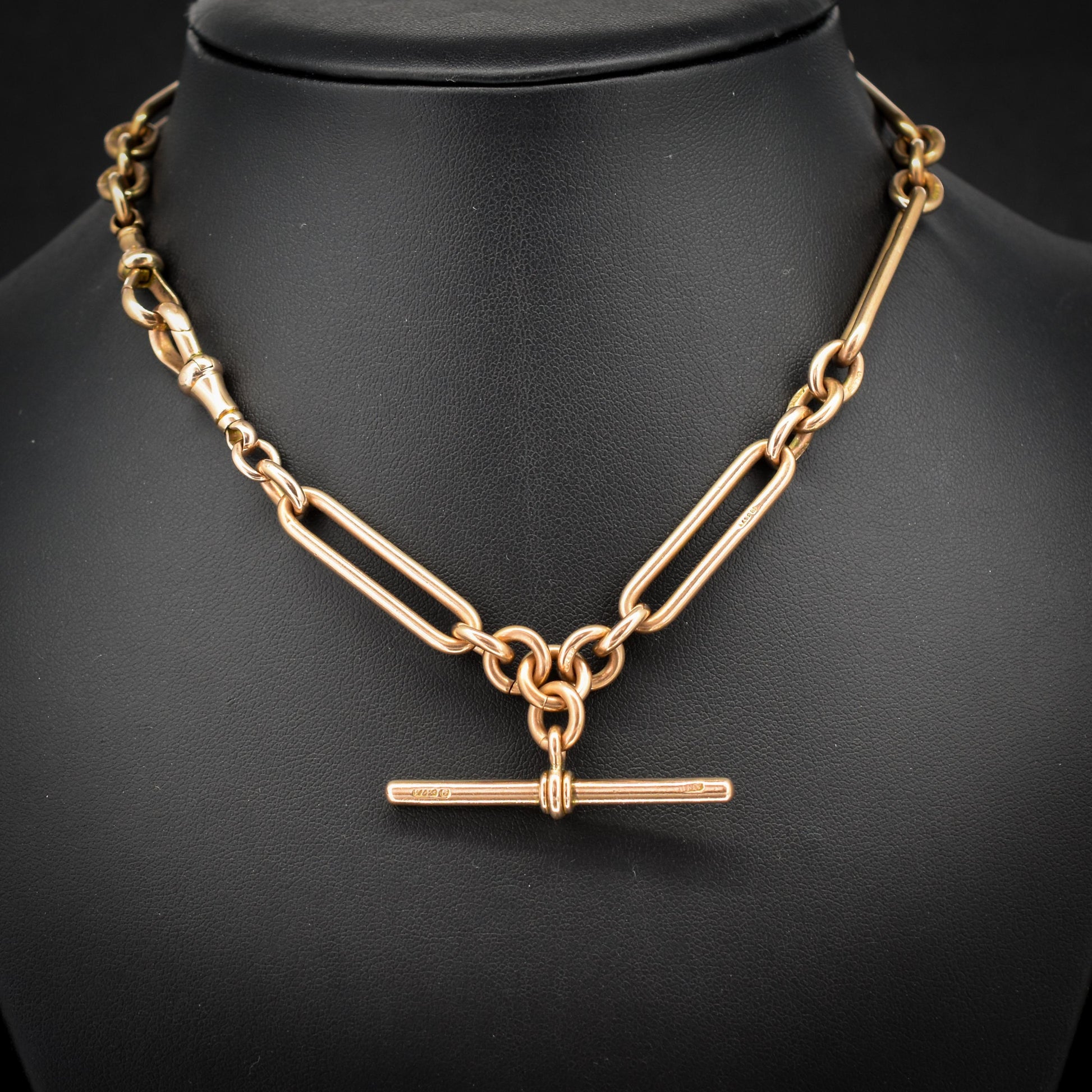 Antique '1902' 9ct Gold Trombone Link Chain Necklace with Dog Clip and T-bar 14.5"