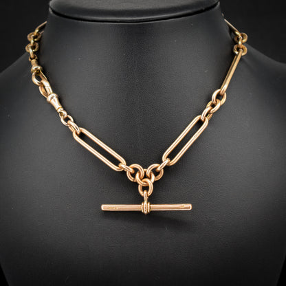 Antique '1902' 9ct Gold Trombone Link Chain Necklace with Dog Clip and T-bar 14.5"