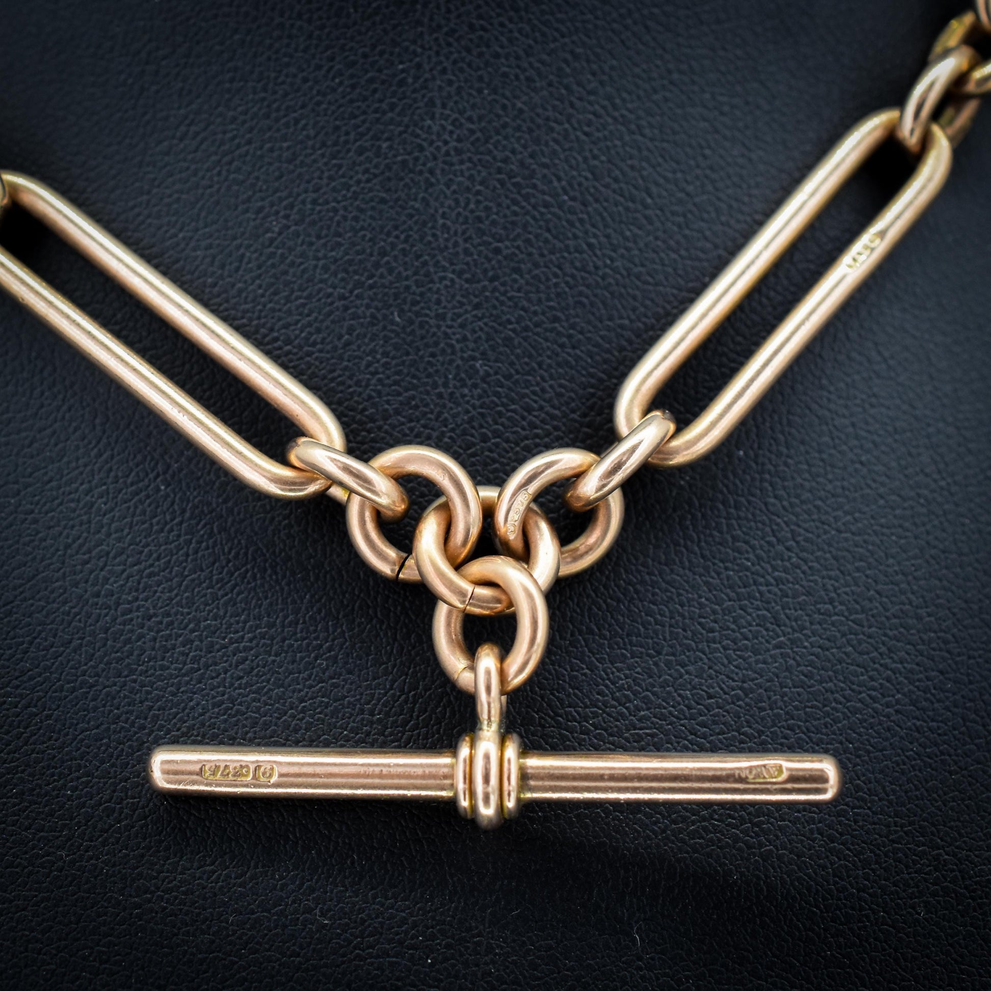 Antique '1902' 9ct Gold Trombone Link Chain Necklace with Dog Clip and T-bar 14.5"