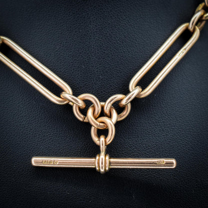 Antique '1902' 9ct Gold Trombone Link Chain Necklace with Dog Clip and T-bar 14.5"