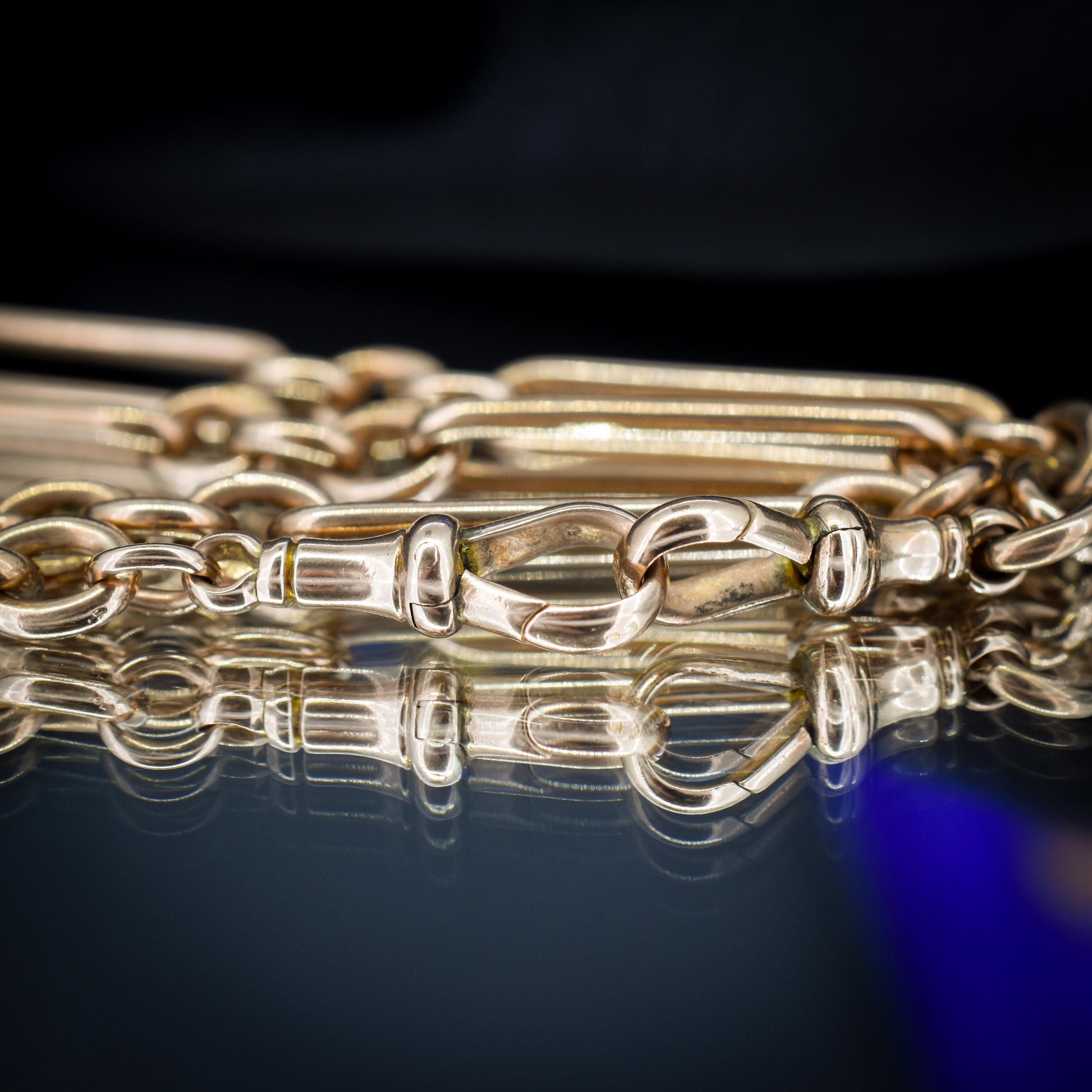 Antique '1902' 9ct Gold Trombone Link Chain Necklace with Dog Clip and T-bar 14.5"