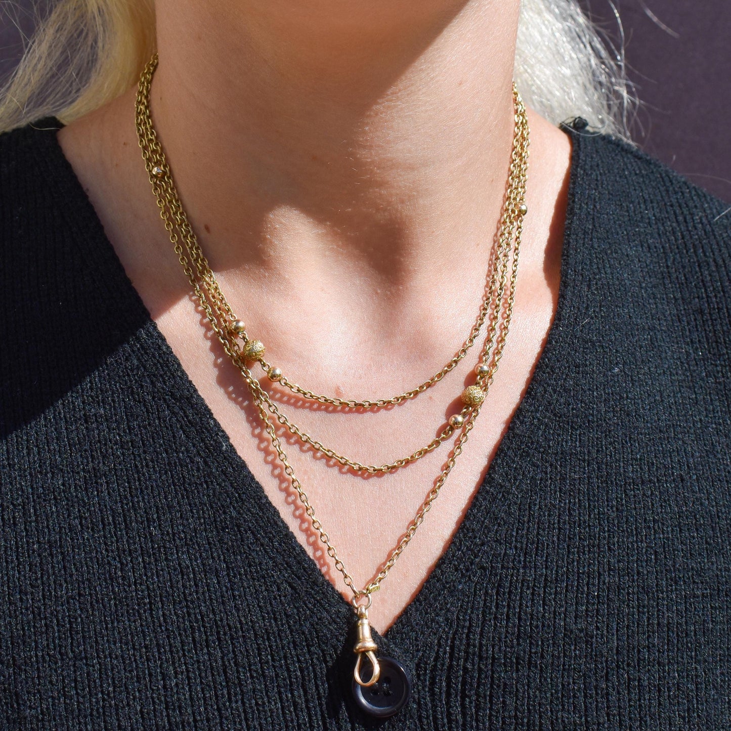 Antique Victorian 15ct Gold Long Fancy Ball Guard Chain Necklace 52"