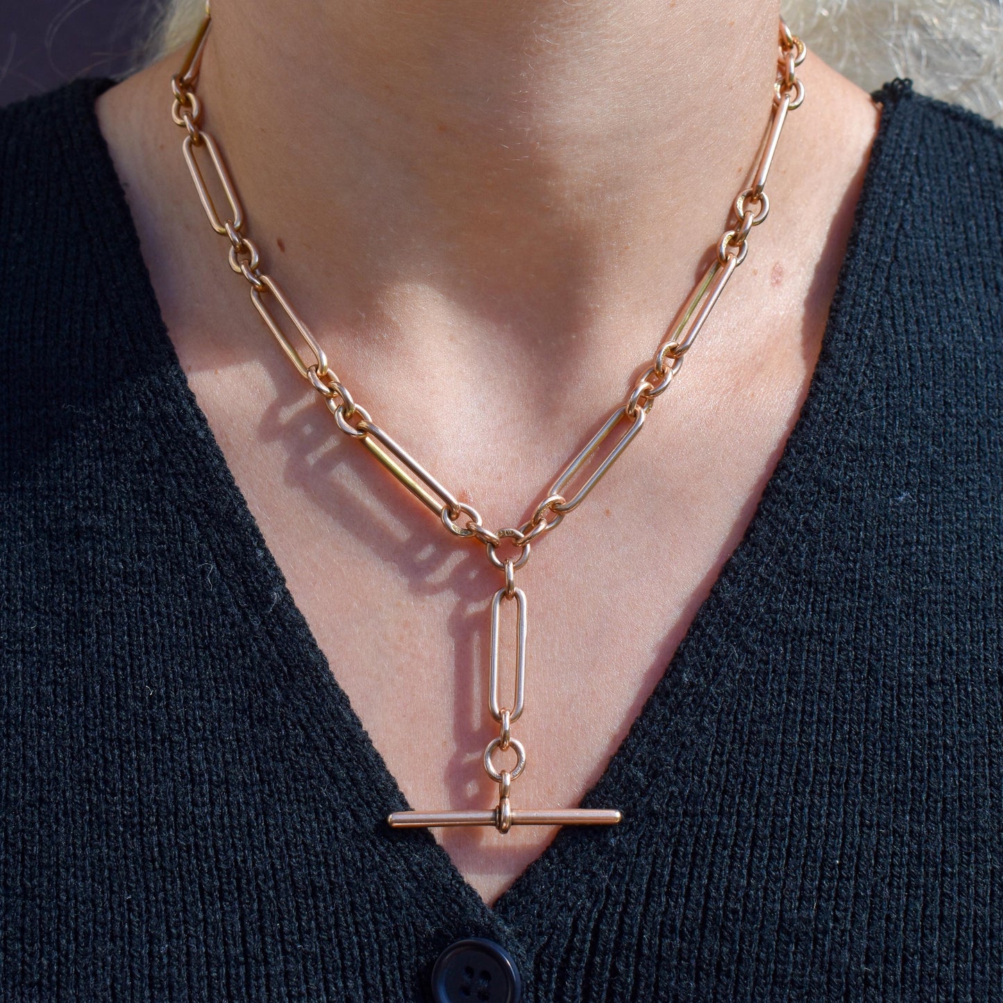 Antique Birmingham '1921' 9ct Gold Trombone Link Albert Chain Necklace | 16"