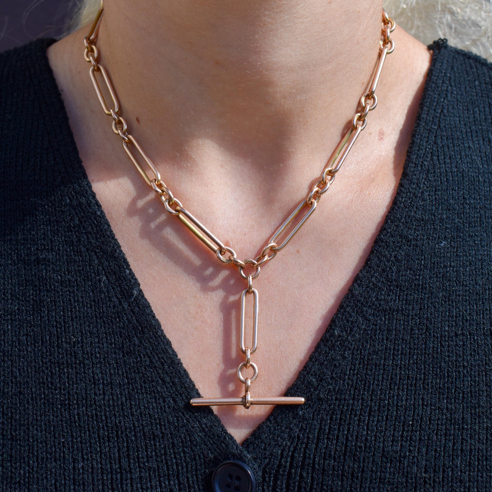 Antique Birmingham '1921' 9ct Gold Trombone Link Albert Chain Necklace | 16"