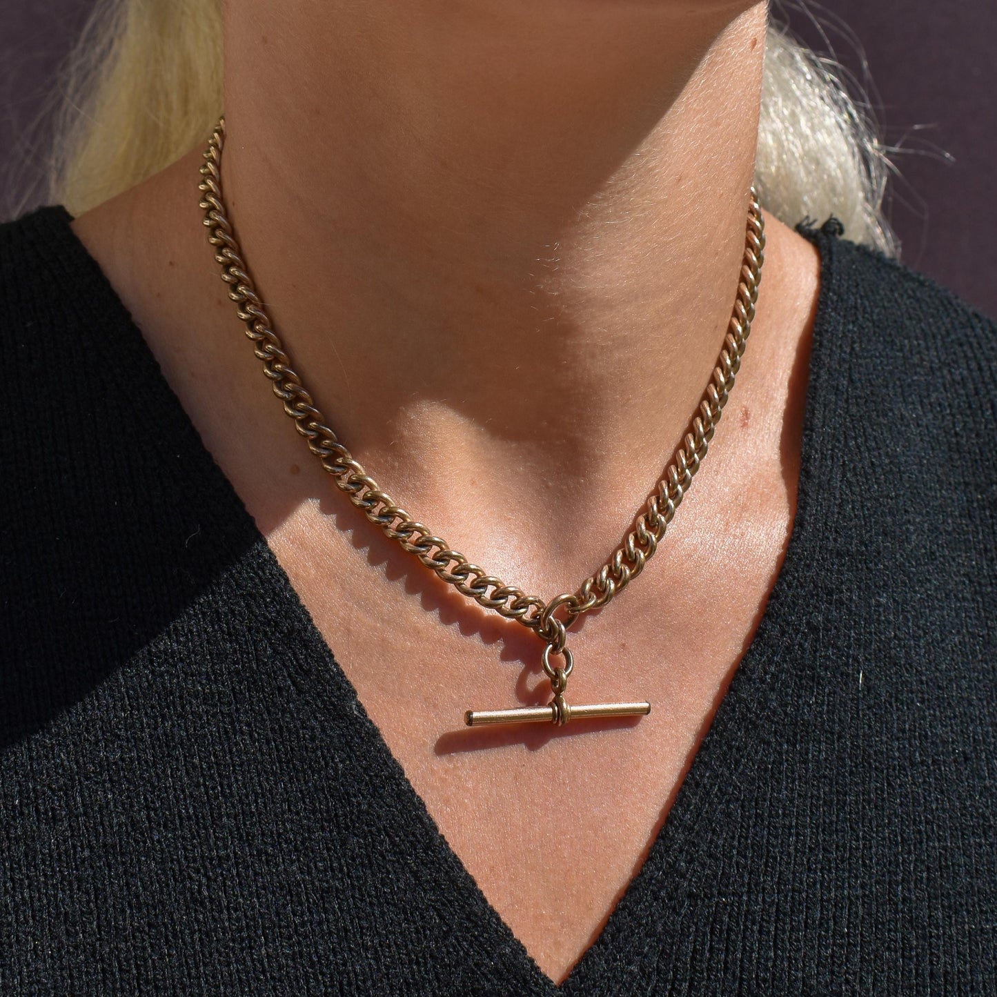 Antique Rolled Gold Curb Chain with T-Bar and Double Dog Clips - 15.5"