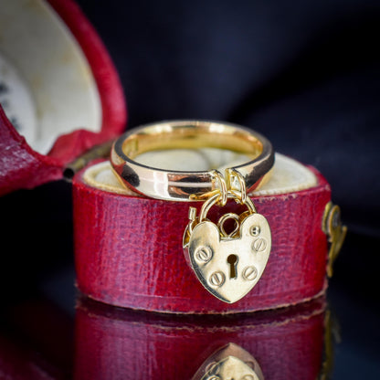 Antique Heart Padlock Drop 9ct Gold Band Ring | Birmingham 1922
