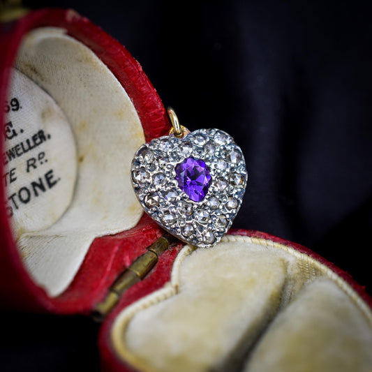 Rose-cut Diamond and Amethyst Gold Heart Pendant | Antique Style
