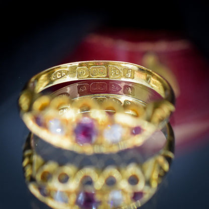 Antique Edwardian Ruby and Diamond 18ct Yellow Gold Boat Ring | Chester 1909