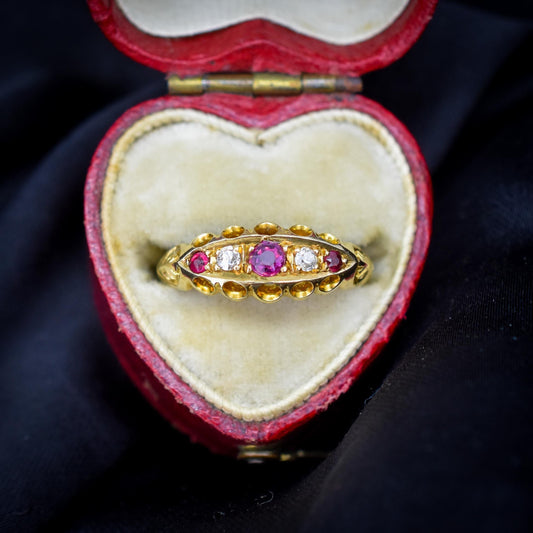 Antique Edwardian Ruby and Diamond 18ct Yellow Gold Boat Ring | Chester 1909