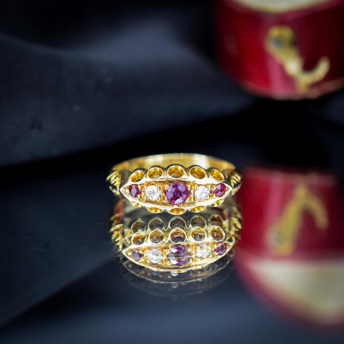 Antique Edwardian Ruby and Diamond 18ct Yellow Gold Boat Ring | Chester 1909