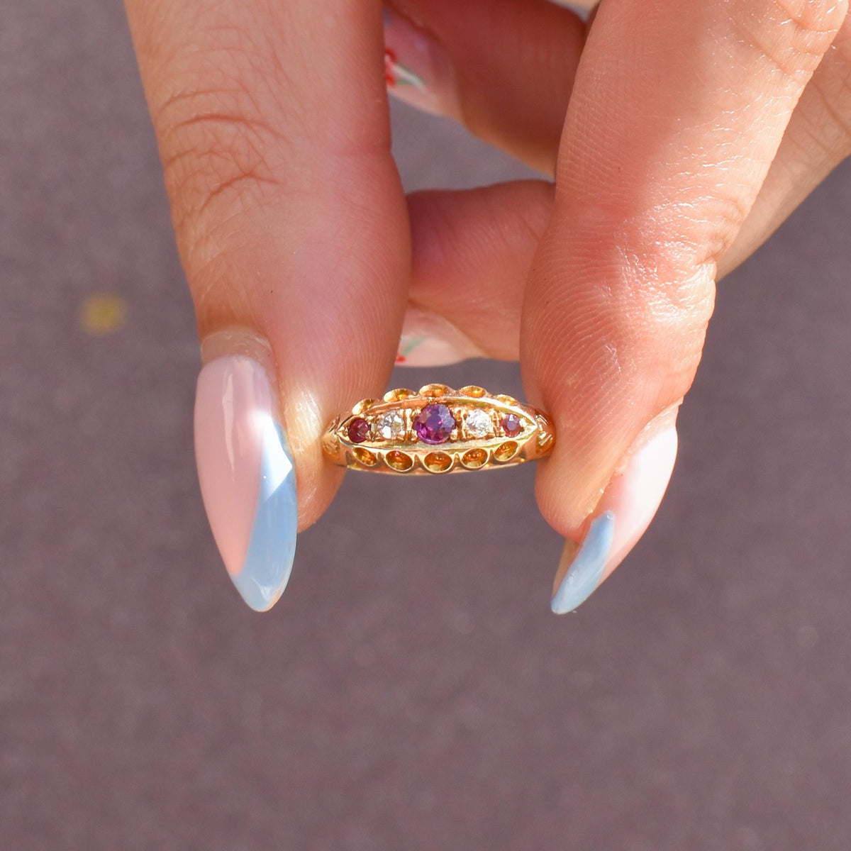 Antique Edwardian Ruby and Diamond 18ct Yellow Gold Boat Ring | Chester 1909