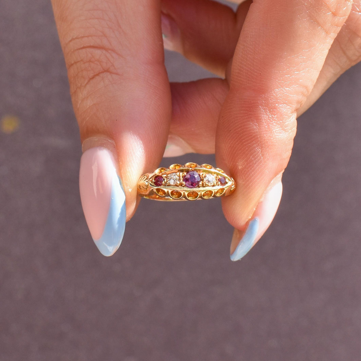 Antique Edwardian Ruby and Diamond 18ct Yellow Gold Boat Ring | Chester 1909
