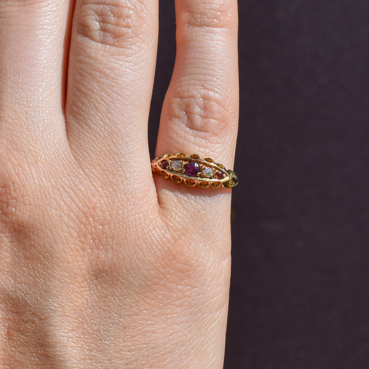Antique Edwardian Ruby and Diamond 18ct Yellow Gold Boat Ring | Chester 1909
