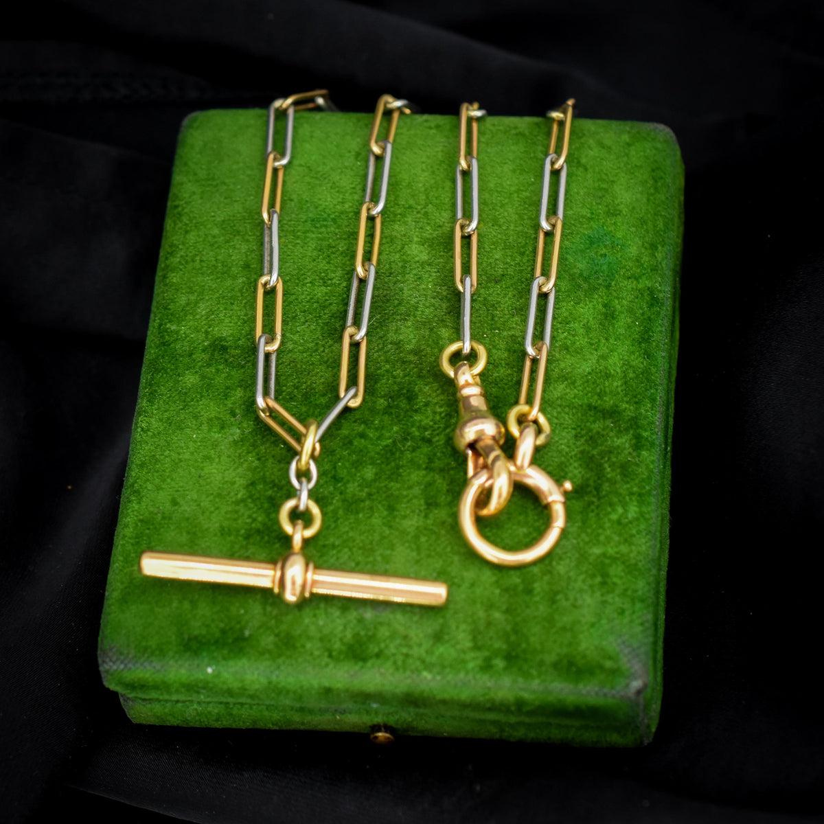 Antique 18ct Gold and Platinum Paper Link Trombone Watch Chain with Dog Clip and Bolt Ring | 12.75"