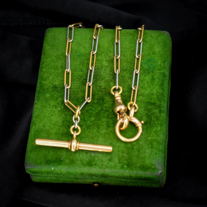Antique 18ct Gold and Platinum Paper Link Trombone Watch Chain with Dog Clip and Bolt Ring | 12.75"