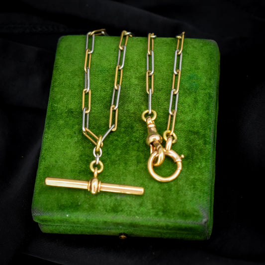 Antique 18ct Gold and Platinum Paper Link Trombone Watch Chain with Dog Clip and Bolt Ring | 12.75"