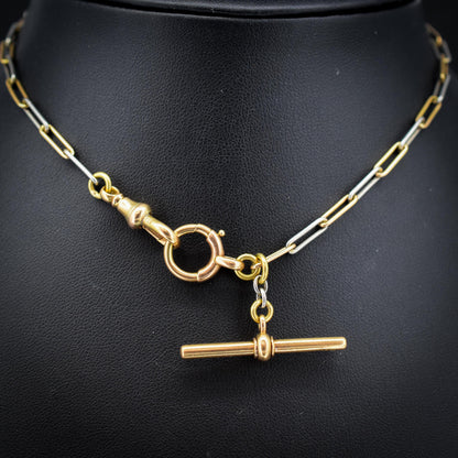 Antique 18ct Gold and Platinum Paper Link Trombone Watch Chain with Dog Clip and Bolt Ring | 12.75"
