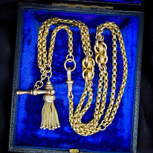 Antique Albertina Watch Chain 12ct Gold Necklace with T-Bar, Dog Clip and Tassel 17"