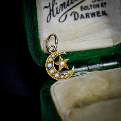 Antique 18ct Gold Pearl Crescent Star Charm Pendant