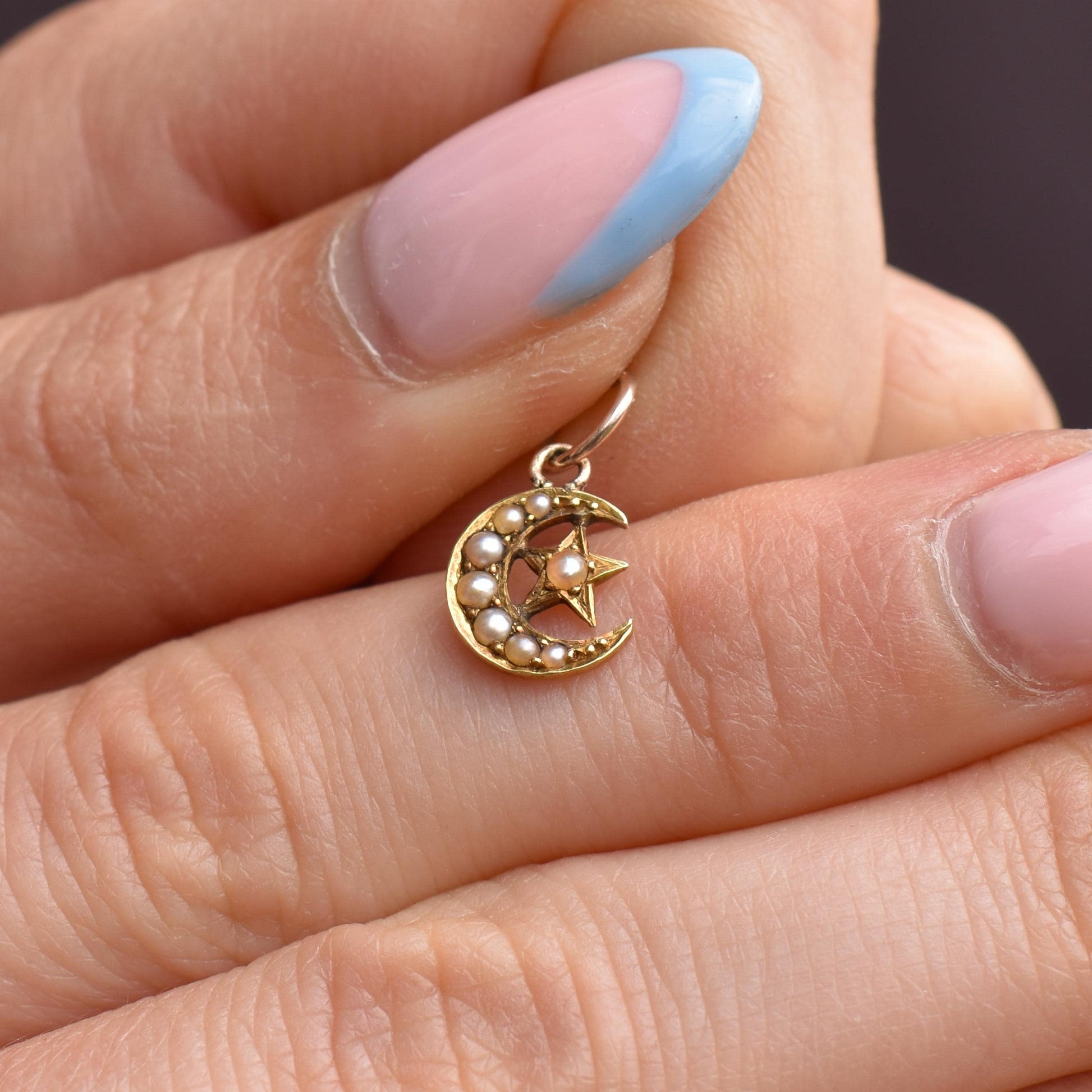 Antique 18ct Gold Pearl Crescent Star Charm Pendant