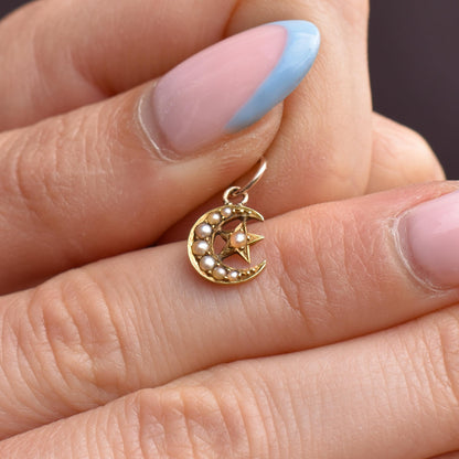 Antique 18ct Gold Pearl Crescent Star Charm Pendant