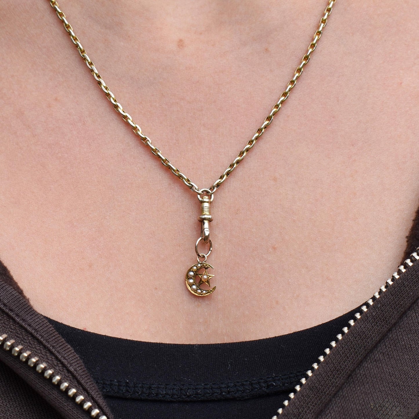 Antique 18ct Gold Pearl Crescent Star Charm Pendant
